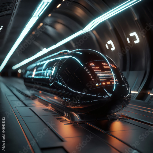 Futuristic train glides through a neon tunnel