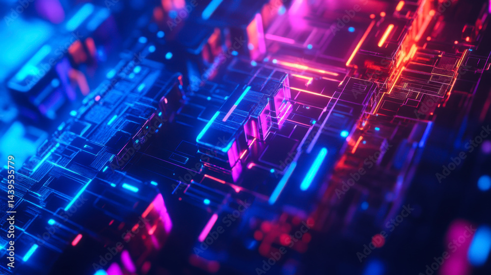 Colorful close-up of an electronic circuit board with LED lights illuminated in a futuristic style