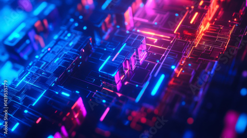 Obraz na płótnie Colorful close-up of an electronic circuit board with LED lights illuminated in a futuristic style w salonie