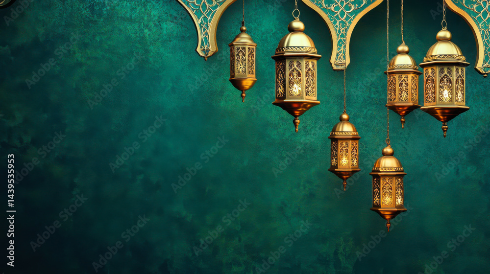 Elegant golden lanterns illuminate a rich turquoise wall in a cozy ambient space