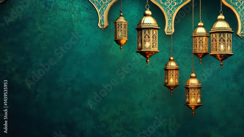 Obraz na płótnie Elegant golden lanterns illuminate a rich turquoise wall in a cozy ambient space w salonie