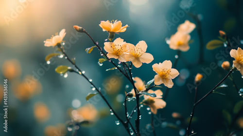 Obraz na płótnie Cherry blossoms glisten with raindrops amidst a serene spring background in the morning light w salonie