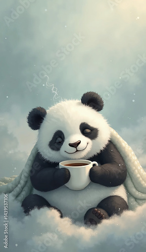 Sleepy Panda Wrapped in Blanket Sipping Coffee — Cozy Mobile Phone Wallpaper

