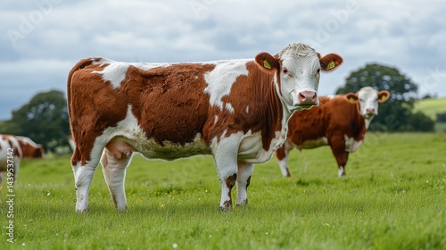 Cows grazing in a field under a cloudy sky. Possible use stock photo