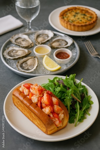 A luxurious seafood platter with a lobster roll, perfectly grilled and stacked with fresh lobster meat, paired with a crisp side salad.