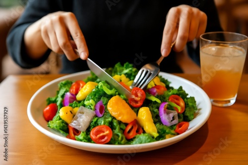 A close-up shot of a person holding a fork and knife, cutting into a fresh, vibrant salad.
