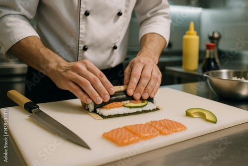 A close-up shot of a chef preparing sushi in a high-end kitchen.