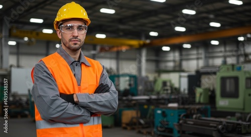 Confident factory worker wearing safety gear standing in a manufacturing plant