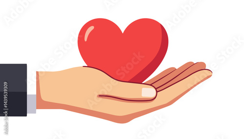 Hand holding a red heart symbol on a white background, a symbol of donation  