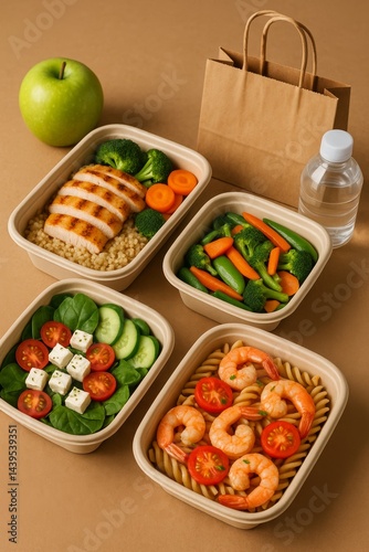 A clean, organized set of fresh, nutritious meal prep containers arranged neatly on a light brown table.