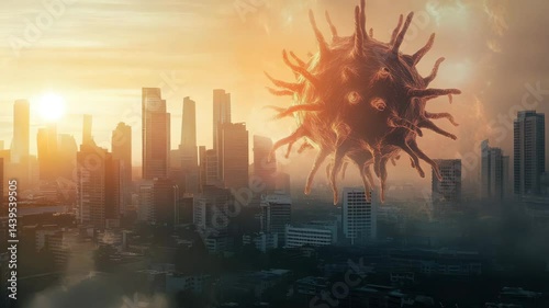 A beautiful city skyline at dusk with the sun setting, creating a vibrant sky , virus