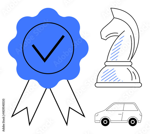 Blue badge with checkmark for recognition, chess knight for strategic thinking, compact car for mobility. Ideal for success, strategy, certification, planning, progress, transportation minimalism