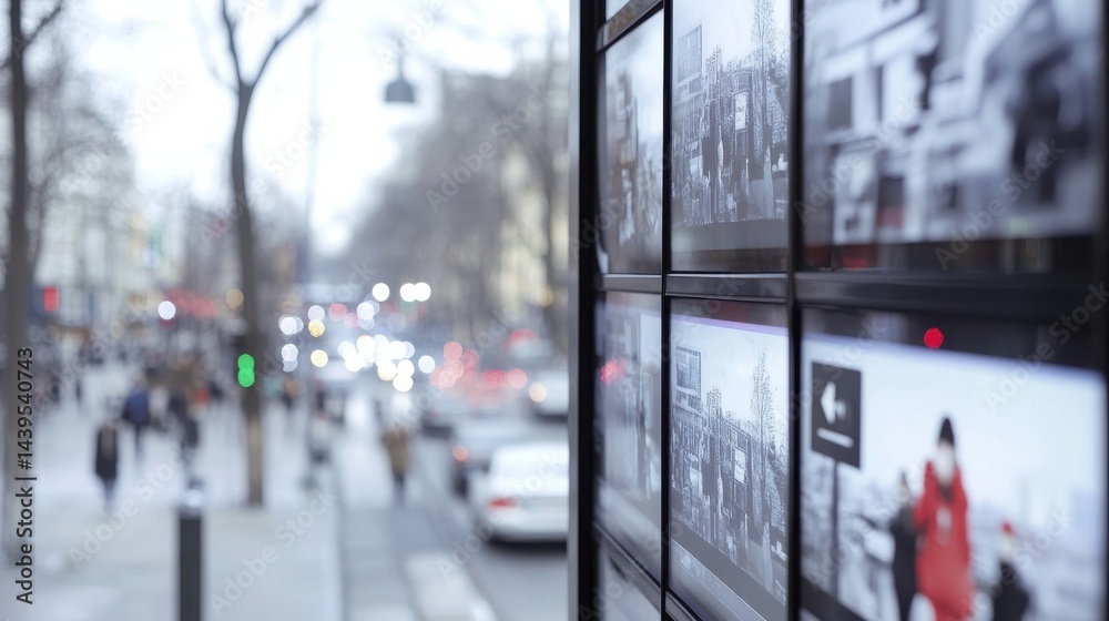 Obraz premium Urban street scene with digital display panels showcasing city life and busy pedestrian street