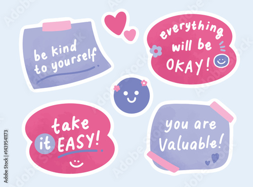 Be kind to yourself sticker set collection. Hand drawn vector illustration for design, project