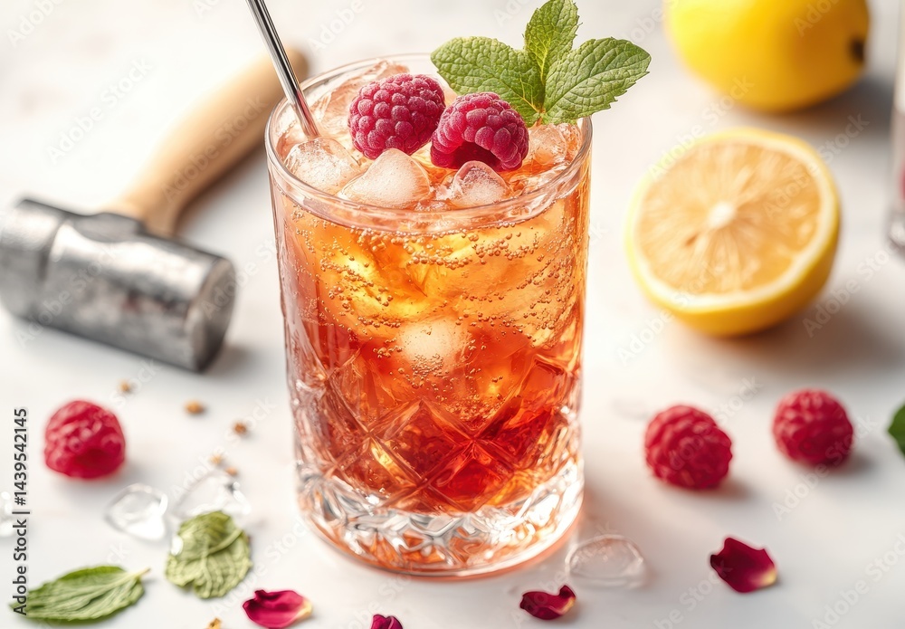 Refreshing Sparkling Drink with Raspberries, Mint, and Lemon on a Marble Surface, Perfect for Summer Gatherings and Celebrations Refreshing Sparkling Drink with Raspberries, Mint, and Lemon on a Marble Surface, Perfect for Summer Gatherings and Celebrations