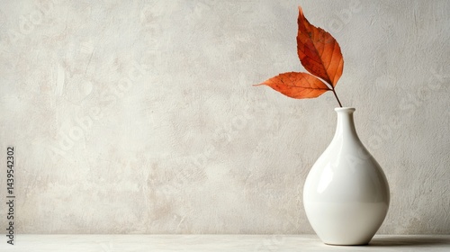 A single leaf in a white ceramic vase against a plain background