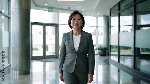 Asian Businesswoman in Gray Suit Walking Confidently into Modern Office Building with Steady Cam Shot Showing Purposeful Strides and Optimistic Expression for Motivational Video