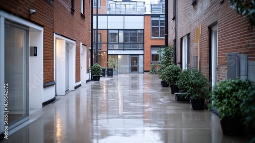 Urban courtyard, wet pavement, modern architecture