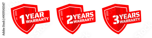 1 year warranty, 2 years warranty, 3 years warranty. Red shield sticker, label, badge – vector illustration