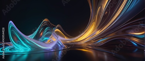 Digital abstract art compositions featuring fluid metallic shapes and glowing floating lights. Extremely detailed high resolution illustration.