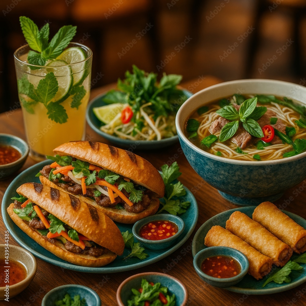 A vibrant, close-up shot of a Vietnamese-inspired dining table featuring a variety of fresh, colorful dishes. A vibrant, close-up shot of a Vietnamese-inspired dining table featuring a variety of fresh, colorful dishes.