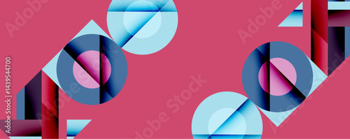 Abstract geometric composition. Circles, rectangles overlap creating dynamic visual effect. Pink background enhances cool blue, purple tones. Modern design, clean lines present.