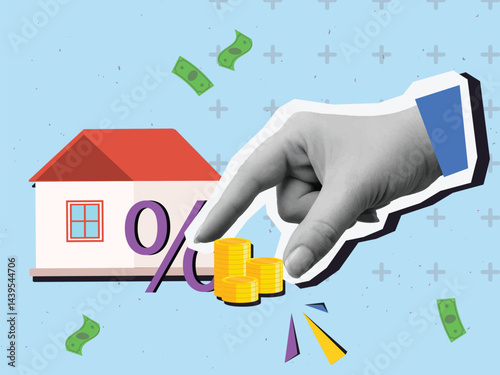Black and white hand puts a gold coins near the house with a percent symbol. Modern collage style. Vector illustration