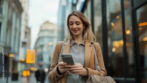 Smiling Woman using Smartphone in City Street