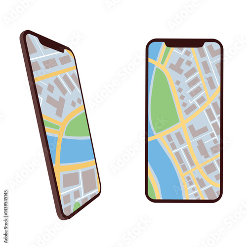 A phone with a city map on the screen, three quarter and front view. Vector illustration isolated on white background