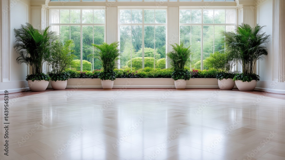 Fototapeta premium Indoor Plants Large Windows Bright Modern Style High Resolution Wide Shot Potted Greenery Serene View Lush Garden Background Calm Tranquil Mood Interior Design Inspiration