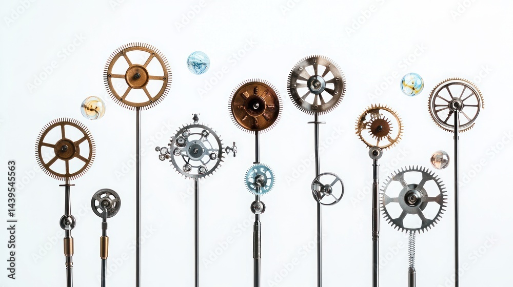 Obraz premium Metallic staffs with clockwork gears and floating time orbs on white background.