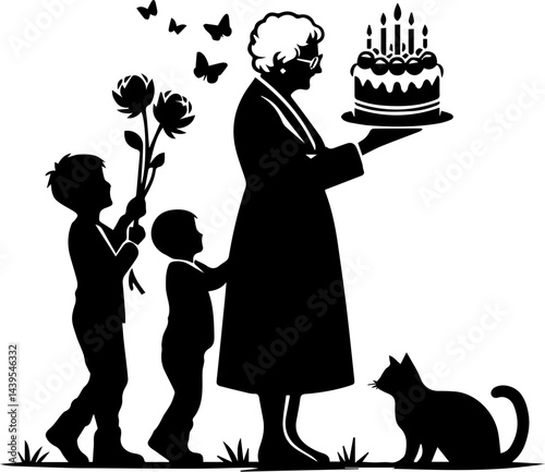 Elderly woman celebrating birthday with children and cake in silhouette  