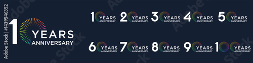 set of 10 to 100th anniversary logotype design, with colorful fireworks for celebration event, wedding, and birthday, vector illustration