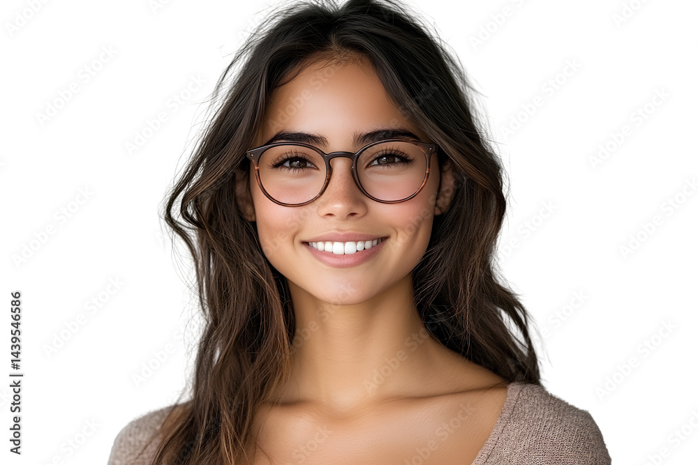 Portrait of a happy young Latin woman wearing eyeglasses smiling and looking at the camera isolated on a transparent background PNG Portrait of a happy young Latin woman wearing eyeglasses smiling and looking at the camera isolated on a transparent background PNG