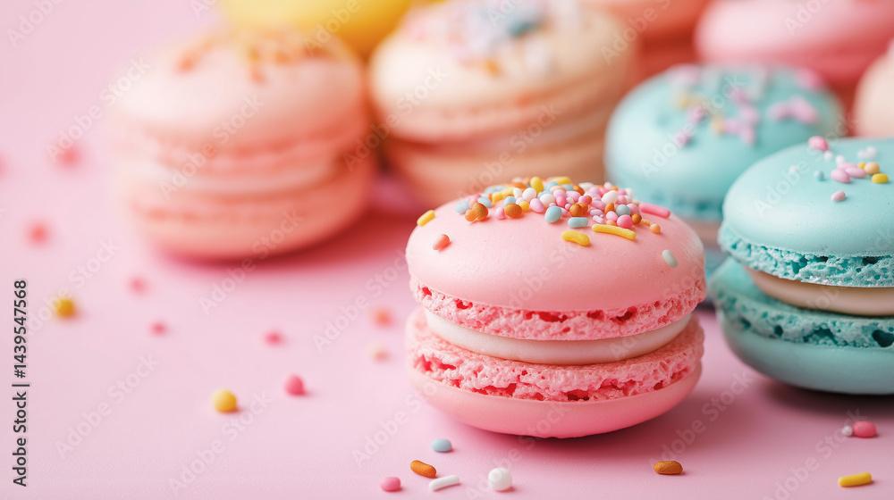 Fototapeta premium Colorful macarons with sprinkles on a pink background