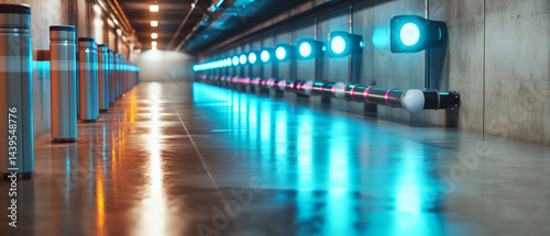 Futuristic tunnel pathway with cool blue lighting