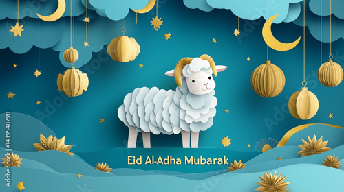 Festive Eid Al-Adha Mubarak Design In Elegant Paper Art Style With Ram Symbol and Golden Lanterns

