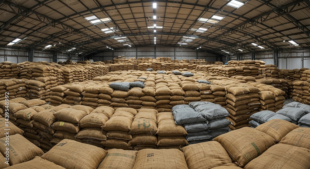 A warehouse full of bags of rice