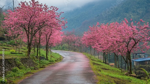 A pathway lined with pink cherry blossom trees in full bloom