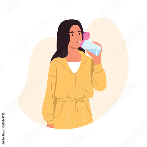 Vector illustration of a thirsty girl drinking water. Cartoon scene of a beautiful girl in a sports suit,t-shirt,drinking water from a bottle isolated on a white background. Maintaining water balance.