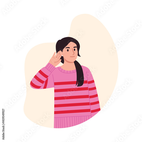 Vector illustration of a girl with hearing impairment. Cartoon scene of a beautiful girl putting her hand to her ear, wearing a striped pink sweater, earring in her ear isolated on white background.