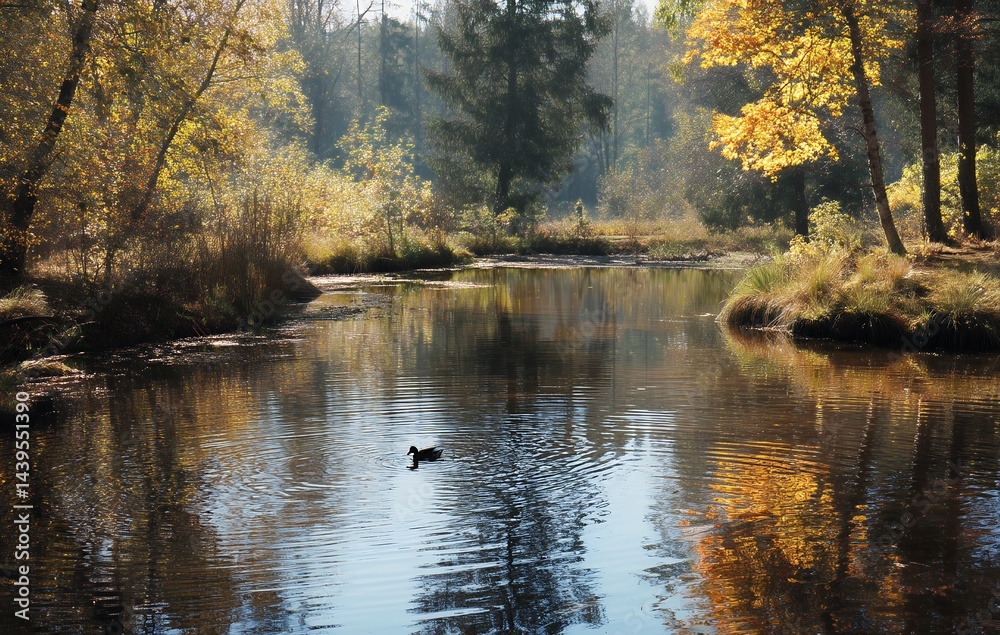 Fototapeta premium Autumnal Forest Stream Golden Sunlight Illuminates Tranquil Water Reflections