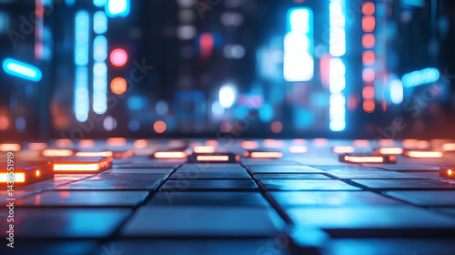 Futuristic urban night scene with glowing tiles