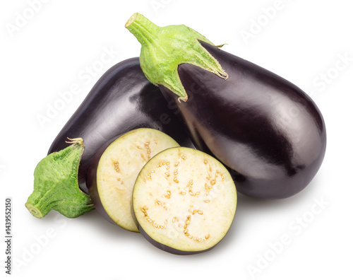 Fresh purple aubergine or eggplant with slices isolated. photo