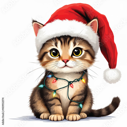 Christmas cat with Santa Claus hat Cartoon Vector Illustration isolated