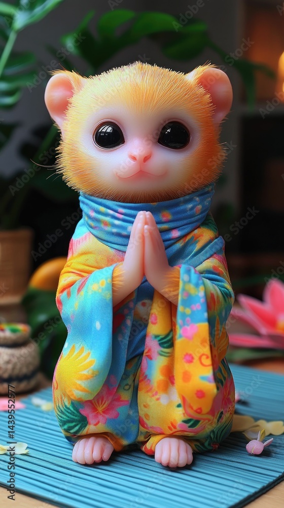 Fototapeta premium Small creature, floral robe, praying pose.