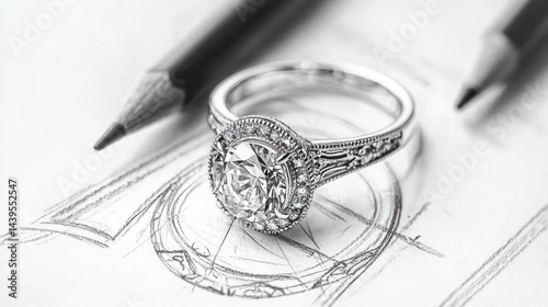 A pencil sketch of an intricate engagement ring design
