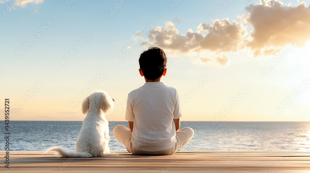 Fototapeta premium Boy and Small Dog Sitting on Dock Looking at Ocean View