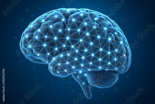 Realistic 3D brain with glowing blue neural network connections, representing AI, futuristic technology, cognition, and advanced communication photo
