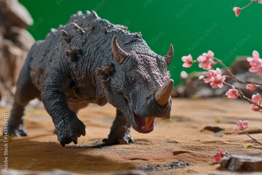 Fototapeta premium Prehistoric creature figurine on a desert landscape.